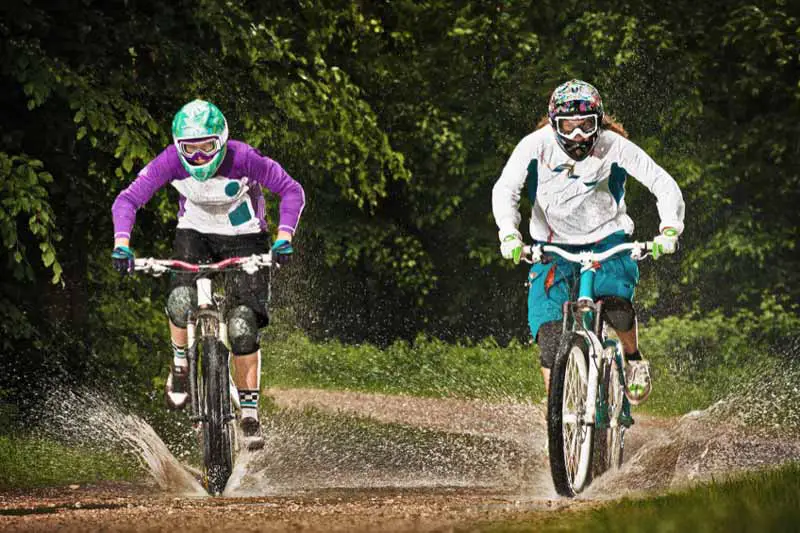 MTB riders with goggles over glasses